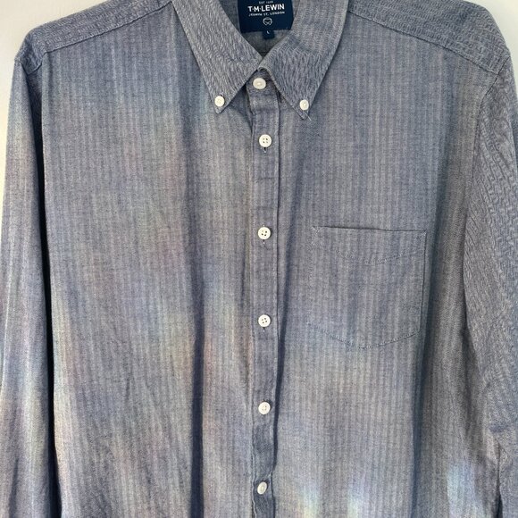 T.M. Lewin Jermyn Street London Herringbone Casual Shirt - Navy Blue - Men's L - Picture 4 of 9